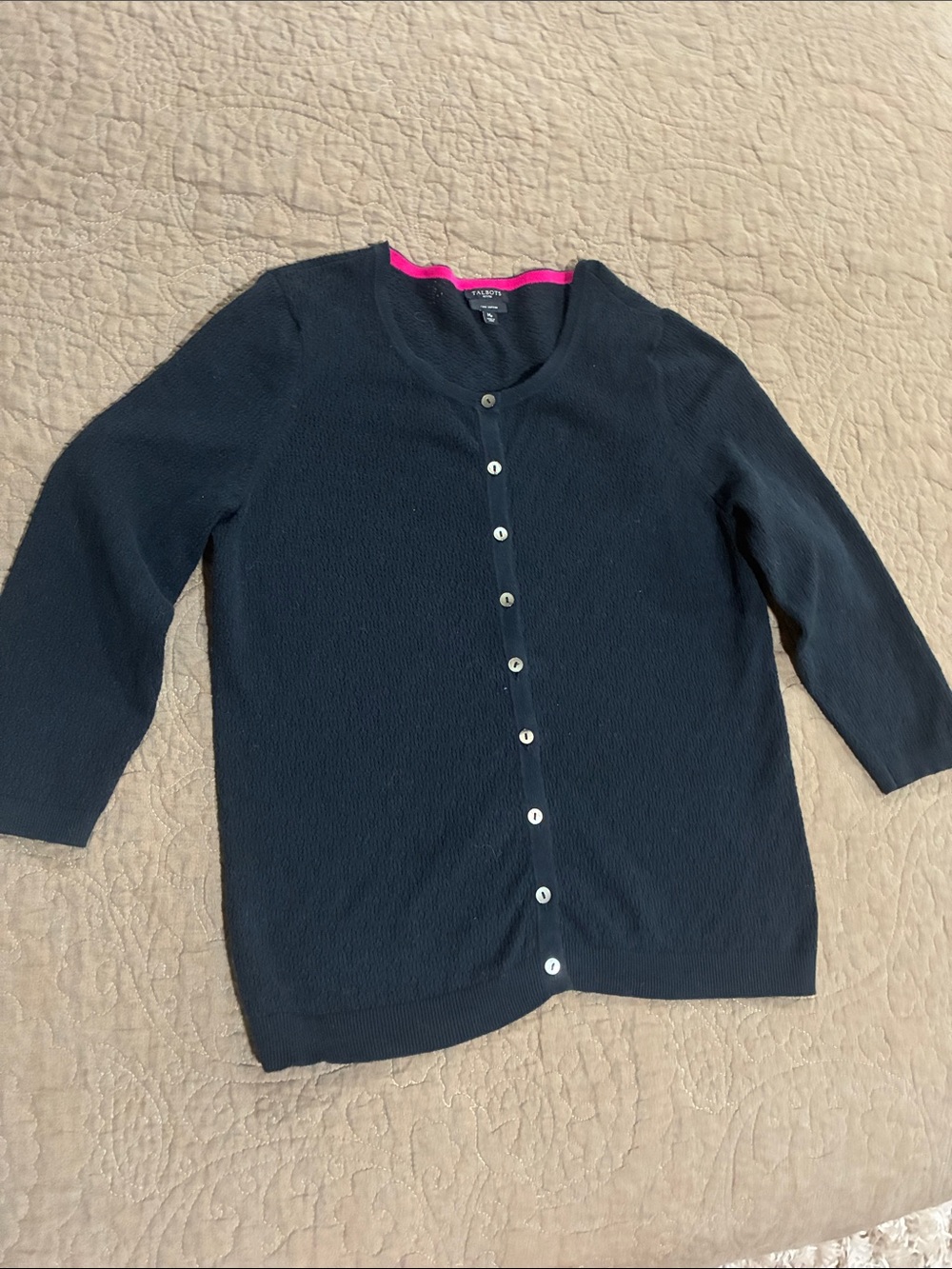 Talbots Navy Cardigan with Hot Pink Neck Trim
